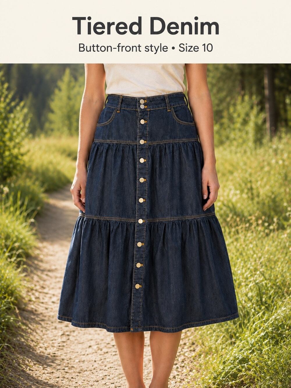 Time and Tru Denim Midi Skirt Size 10 Tiered Button Front Cotton Pockets